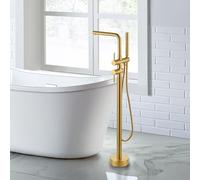 ARCORA Grifo de bañera independiente: grifo de bañera de cobre y acero inoxidable giratorio 360°, montaje en el suelo con ducha de mano (Oro)
