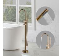 ARCORA Grifo de baño independiente de cobre y acero inoxidable giratorio 360°, montaje en suelo con ducha de mano para bañera, bañera independiente, dorado