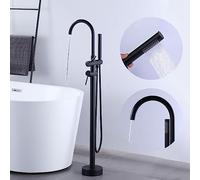 ARCORA Grifo de baño independiente negro de cobre, acero inoxidable, giratorio 360°, montaje en el suelo con alcachofa de mano, bañera independiente