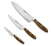 Arcos Conjunto Cuchillos 3 piezas Acero Inoxidable Nitrum y Hoja mm. Cuchillo cocina profesional cocinar. 417. Mango ergonómico polioximetileno POM. Serie Nordika. Corte alta precisión. Color marrón.