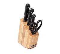 Arcos Conjunto Cuchillos 4 piezas (3 Cuchillos + 1 tijeras). Acero Inoxidable y Hoja mm. 1670 gr. Bloque madera pino. Mango ergonómico polioximetileno POM. Serie Universal. Mayor control. Color negro.