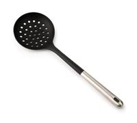 ARCOS Espumadera de Silicona, redondeada y Flexible de 350 mm para escurrir frituras de sartnes y cacerolas. Mango y Cuerpo de Acero Inoxidable. Resiste 240º. Color Negro y gris