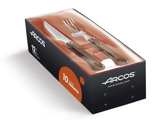 Arcos Juego 12 Cubiertos Madera de Haya Serie Mesa | Set de 6 cuchillos chuleteros y 6 tenedores en estuche para carne. Serie Mesa. Color Marrón.
