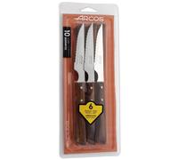 Arcos Juego 6 Cuchillos carne. Paquete Cuchillos chuleteros con filo de perla para cortar y filetear carne. Hojaerrada Acero Inoxidable y mango madera haya. Serie Mesa.