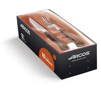 ARCOS Juego de 12 Cubiertos para Mesa. Set de 6 Cuchillos Chuleteros y 6 Tenedores en Madera de Haya y Acero Inoxidable. Estuche para Carne. Serie Mesa. Color Marrón