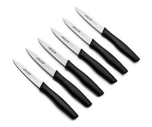 Arcos Juego de 6 Cuchillos Mondadores Acero Inoxidable 100 mm | Set de cuchillos de cocina para pelar con mango de polipropileno apto para lavavajillas. Serie Nova. Color negro.