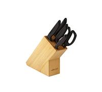 ARCOS Juego de Cocina de 5 Piezas: 4 Cuchillos + Tijeras en Bloque de Madera. Set de Cuchillos ocn Hoja de Acero Inoxidable y Mango de Polipropileno. Serie Niza. Color Negro