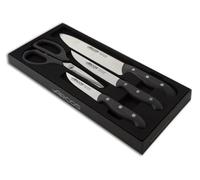 Arcos Juego de Cuchillos de Cocina cuatro piezas. 3 Cuchillos chef y 1 tijeras Acero Inoxidable y mango ergonómico polioximetileno para cortar carne, pescado y verduras. Serie Maitre. Color negro.