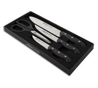 Arcos Juego de Cuchillos de Cocina cuatro piezas. 3 Cuchillos chef y 1 tijeras Acero Inoxidable y mango ergonómico polioximetileno para cortar carne, pescado y verduras. Serie Maitre. Color negro.