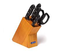 Arcos Juego de Cuchillos de Cocina con 5 piezas Acero Inoxidable Nitrum. Bloque de Cuchillos profesionales. Mango ergonómico polioximetileno POM. Serie Maitre. Cuchillo multiusos. Color negro.
