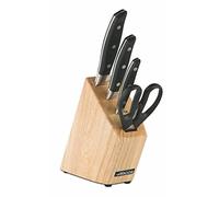 Arcos Juego de Cuchillos Profesionales (4 Piezas) - Acero Inoxidable Nitrum, Precisión y Durabilidad, Mango Ergonómico POM Negro, Incluye Tijeras y Bloque de Madera, Serie Manhattan