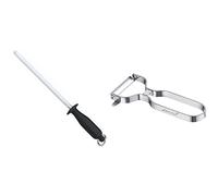 Arcos Serie Chairas, Chaira Afilador manual de cuchillos, Cuerpo de Acero al Carbono Cromado de 230 mm + Gadgets Profesionales, Pelador de Frutas Pelador de Verdura, Acero Inoxidable Cromado
