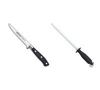 Arcos Serie Riviera, Cuchillo Deshuesador Color Negro + Serie Chairas, Chaira Afilador Manual De Cuchillos, Cuerpo De Acero Al Carbono Cromado De 230 Mm, Mango De Polipropileno Color Negro