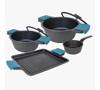 Arcos Serie Thera | Batería de Cocina 4 piezas | Aluminio Fundido | Apta cualquier cocina | Mango Ergonómico Plástico y Silicona | Sistema ahorro energético | Apta lavavajillas | Color Negro y Azul