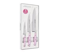 Arcos Set Cuchillos Cocina Profesionales Forjados en Acero Inoxidable. Juego de 3 Cuchillos (Pelador 100 mm + Cocinero 150 mm + Cocinero 200 mm). Mango Ergonómico Rosa en Polioximetileno. Riviera Rose