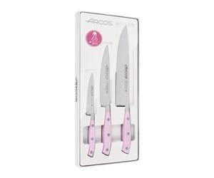 Arcos Set Cuchillos Cocina Profesionales Forjados en Acero Inoxidable. Juego de 3 Cuchillos (Pelador 100 mm + Cocinero 150 mm + Cocinero 200 mm). Mango Ergonómico Rosa en Polioximetileno. Riviera Rose
