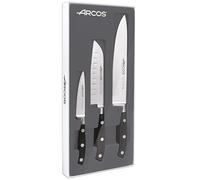 Arcos Set Cuchillos Forjados 3 piezas en Acero Inoxidable Nitrum y Hoja mm. 729 gr. Pequeño y ligero. Mango ergonómico Polioximetileno POM. Serie Riviera. Hoja delgada con filouave. Color negro.