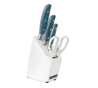 Arcos Set Cuchillos Forjados 4 piezas (3 Cuchillos + 1 tijeras) - Acero Inoxidable Forjado NITRUM - Mango Micarta - Bloques Madera Color Azul. Serie Brooklyn. Impresiona yorprencon Cada Corte.