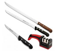 Arcos Set Profesional de Corte de Jamón: 2 Cuchillos Jamoneros (250/240mm), Deshuesador (160mm) y Afilador. Diseñado para loncheado preciso de jamón y preparación de carnes con Acero Nitrum