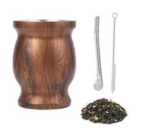 ARCPNRT Set Mate, Juego de Tazas de Acero Inoxidable de Doble Pared, 230ml, con Pajita y Cepillo de Limpieza, para Uso en Hogares, Restaurantes y Hoteles, Tazas Fáciles de Limpiar, Madera