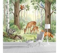 Ardilla Ciervo Bosque Murales de Pared, Animales en acuarela Papel Pintado Verde de Tela, Gran Mural Fotográfico para guarderías, escuelas, escuela, estilo