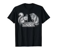 Ardilla y Gato Jugando al ajedrez Camiseta gráfica económica, Hombre, Negro, S