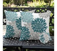 Ardjxue Juego de 2 Fundas de Cojín Impermeables 45 x 45 cm Cian y Gris Dalia Decorativo Cojines Exterior de Doble Cara Modernas para Patio Balcón Sofá Cama Jardín Decoración del Hogar