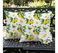 Ardjxue Juego de 2 Fundas de Cojín Limon Fruta Verano 45x45 cm Exterior Impermeable Cojines Patrón de Hojas Amarillo Iimón Verde Moderna Decorativos para Patio Balcón Estar jardín Sofá
