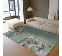 Area Alfombra 60x120 Lavable Sage Green Alfombrilla for Salon Dormitorio Comedor Office Asian Landscape Cherry Blossom Mountain Bird Throw Tapete Antideslizante Soft Indoor Pelo Corto Decorative