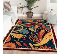 Area Alfombra 90x150 Lavable Alfombrilla Vintage Boho Folk Art Alfombras Antideslizante Soft Pelo Corto Large Abstracto Floral Indoor Navy Orange Tapete for Salon Dormitorio Comedor Oficina