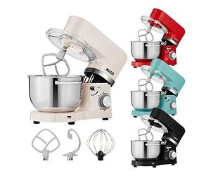 Arebos Batidora Amasadora Multifunción 1500W | Crema | 2 Recipiente de acero inoxidable 4,5L + 5,5L | Robot de Cocina con 3 herramientas Gancho para Amasar, Varillas, Gancho para mezclar, 6 Velocidade