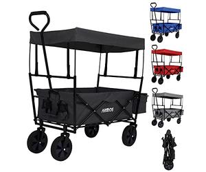 Arebos Carreta Plegable | Carretilla Jardin y Aire Libre con Techo | Carro Playa | Carro de Mano & de Transporte | 2X Bolsillos de Malla y 1x Bolsillo Exterior | Neumáticos de Goma Maciza | 70kg