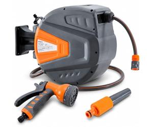 Arebos Carrete de Manguera de Jardín Automático | Enrollador de manguera | Carrete para Manguera | Manguera de Jardín 30 m | 180° Giratorio | Naranja