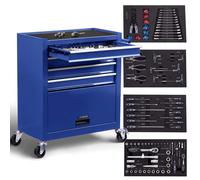 Arebos Carro de Taller con 4 Compartimentos | Incluye 81 Herramientas | Carro de Herramientas Equipado | Alfombrillas Antideslizantes | 2 Ruedas con Freno de estacionamiento | Azul