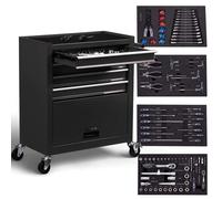 Arebos Carro de Taller con 4 Compartimentos | 4 cajones con rodamiento de Bolas | Incluye 81 Herramientas | 2 Ruedas con Freno de estacionamiento | Negro