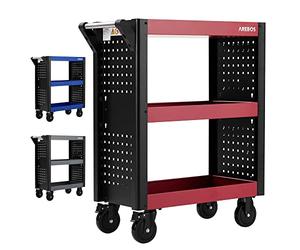 Arebos Carro de Servicio Multifuncional | 3 Compartimentos | Taller, Herramientas, Transporte y Almacenamiento | Estanterías Multiuso | Rojo/Negro
