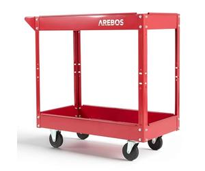 Arebos Carro de Taller con Ruedas | Carro de Herramientas | Carro de Mano de Montaje | 2 Compartimentos | Capacidad de Carga de hasta 100 kg | Rojo