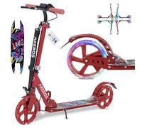Arebos City Scooter Pedal Scooter Regulable en Altura | Plegable | Incl. Correa de Transporte | Ruedas LED | Freno de Mano | suspensión Delantera-Trasera | niños y Adultos | Rojo