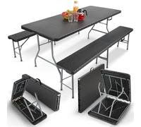 Arebos Conjunto de Mesa y Bancos 3 Piezas | Mesa + 2 Bancos Plegables con Asa de Transporte | para Carpa de Fiesta, Camping e Interior/Exterior | Negro