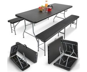 Arebos Conjunto de Mesa y Bancos 3 Piezas | Mesa + 2 Bancos Plegables con Asa de Transporte | para Carpa de Fiesta, Camping e Interior/Exterior | Negro