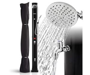 Arebos Ducha solar 40 L | incl. tapa | con termómetro integrado | Negra | cabezal de ducha giratorio | cabezal de ducha móvil | con ducha de pie y conexión para manguera de jardín