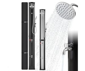 Arebos Ducha solar de 60 L, con ducha de mano y termómetro, temperatura del agua hasta 60 °C, ducha de piscina para camping, cabezal de ducha redondo, tecnología Snap-in, incluye cubierta, color negro