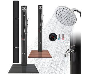 Arebos Ducha solar de 60 L y elemento de suelo antracita, con ducha de mano y termómetro, temperatura del agua hasta 60 °C, ducha de piscina para camping, cabezal de ducha redondo, tecnología Snap-in,