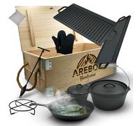AREBOS hierro fundido Dutch Oven BBQ Set de con caja madera guantes protectores