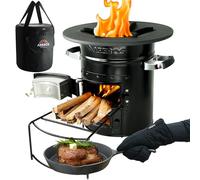 Arebos Horno Cohete con Parrilla de Hierro Fundido | Dutch Oven BBQ Portátil con Bolsa de Transporte y Guantes | Cocina de Camping y Aire Libre | Rocket Stove Plateado