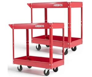 Arebos Juego de 2 Carros de Taller | Carro Portaherramientas con 2 Estantes | Estructura de Acero Robusta | Capacidad hasta 100 kg | Carro Móvil para Taller, Garaje y Bricolaje