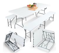 Arebos Conjunto de Mesa y Bancos 3 Piezas | Mesa + 2 Bancos Plegables con Asa de Transporte | para Carpa de Fiesta, Camping e Interior/Exterior | Blanco