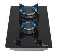 Arebos Placa de gas 30 cm 2 quemadores | Vidrio templado | Empotrable con soportes de hierro fundido | Compatible con gas natural y propano | Encendido seguro integrado