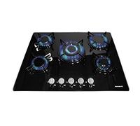Arebos Placa de gas 70 cm 5 quemadores | Vidrio templado | Empotrable con soportes de hierro fundido | Compatible con gas natural y propano | Encendido seguro integrado
