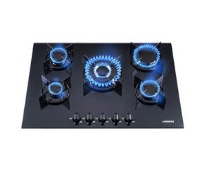 Arebos Placa de gas 70 cm 5 quemadores | Vidrio templado | Empotrable con soportes de hierro fundido | Compatible con gas natural y propano | Encendido seguro integrado